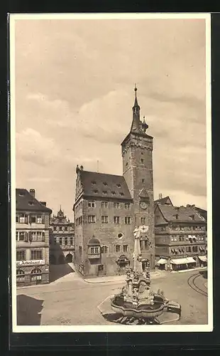 AK Würzburg, Altes Rathaus mit Garfen Eckhardturm und Vierröhrenbrunnen