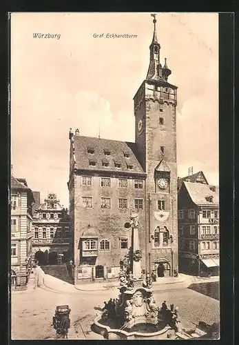 AK Würzburg, Vierröhrenbrunnen und Garf Eckhardturm am Rathaus