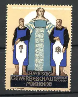 Künstler-Reklamemarke München, Bayerische Gewerbeschau 1912, Göttin und 2 Herren