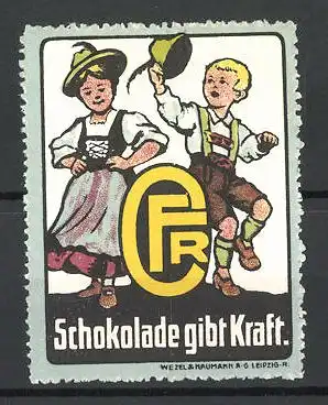 Reklamemarke CFR-Schokolade gibt Kraft, Paar tanzt in bayrischer Tracht