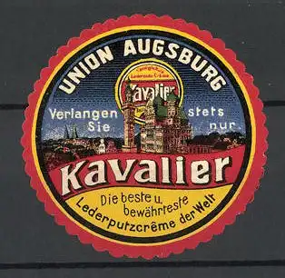 Reklamemarke Kavalier beste und bewährteste Lederputzcreme, Union Augsburg, Stadtansicht und Dose