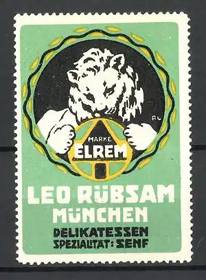 Künstler-Reklamemarke Elrem Delikatessen-Senf, Leo Rübsam, München, Löwe