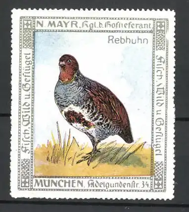Reklamemarke Hoflieferant N. Mayr, München, Rebhuhn auf einer Wiese