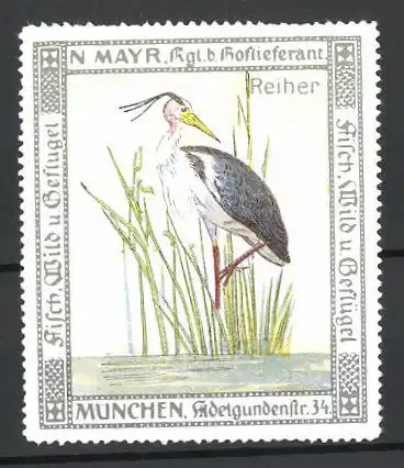 Reklamemarke Hoflieferant N. Mayr, München, Reiher im Schilf stehend