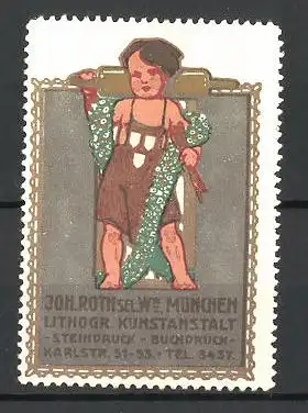 Reklamemarke Lithogr. Kunstanstalt Joh. Roth, München, Bube mit Nudelholz und Blumengirlande