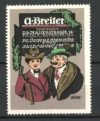 Künstler-Reklamemarke Franz Paul Glass, Plüsch & Loden-Hüte von A. Breiter, Dachauerstrasse 14, München, Paar