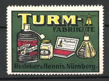 Reklamemarke Turm-Fabrikate der Firma Redeker & Hennis, Nürnberg, Tinten und Stempelkissen