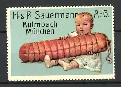 Reklamemarke H. & P. Sauermann AG, Kulmbach, Mädchen mit Braten