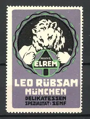 Reklamemarke Elrem Delikatessen-Senf, Leo Rübsam, München, Löwe