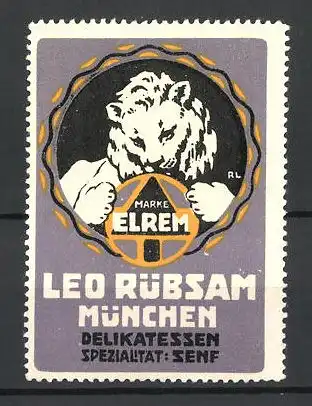 Reklamemarke Elrem Delikatessen-Senf, Leo Rübsam, München, Löwe