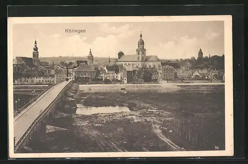 AK Kitzingen a. M., Partie an der Brücke, Blick zu den Kirchen