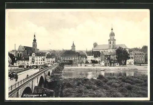 AK Kitzingen am Main, Partie neben der Brücke, Blick zur Kirche im Ort