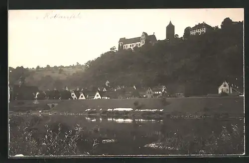 AK Rothenfels am Main, Blick vom Fluss hinauf zur Burg