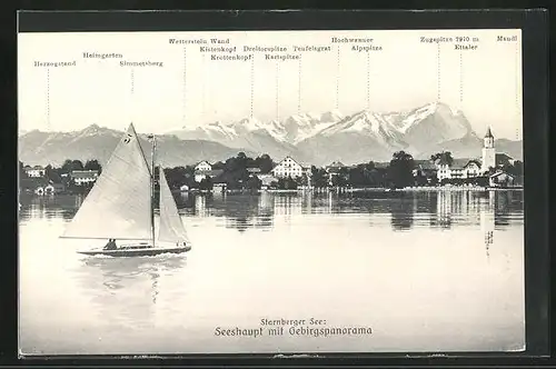 AK Seeshaupt, Segelschiff auf dem Starnberger See mit Gebirgspanorama