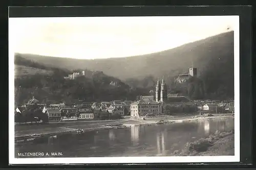 AK Miltenberg am Main, Blick auf die Stadtvom Flussufer aus, Blick zur Burg