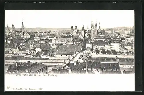 AK Würzburg, Blick von der Festung auf die Mainbrücke