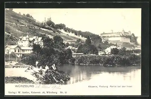 AK Würzburg, Mainuferpartie mit Blick auf Käppele und Festung