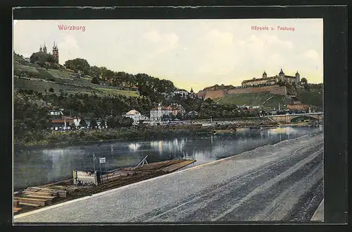 AK Würzburg, Blick vom Mainufer zum Käppele