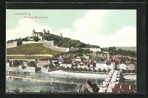 AK Würzburg, Teilansicht mit Festung Marienburg und Mainpartie
