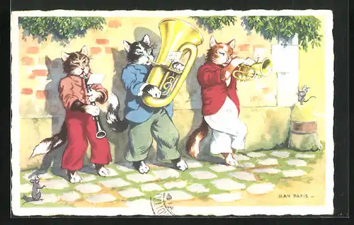 Künstler-AK Katertrio musiziert mit Musikinstrumenten an der Hauswand, vermenschlichte Tiere