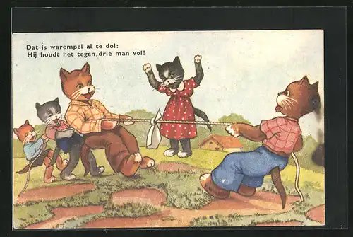 AK Tauziehen drei gegen eins, Katzenbuben messen ihre Kräfte, vermenschlichte Tiere