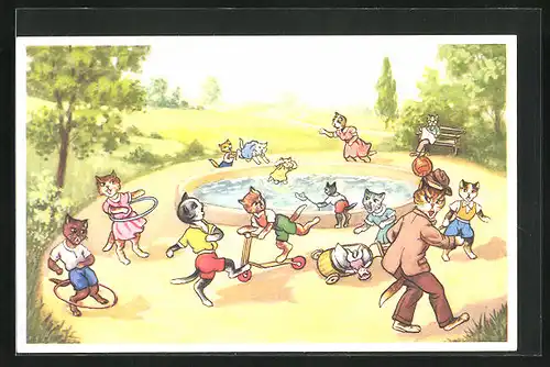 AK Katzenkinder tollen mit Spielsachen an einem Planschbecken herum, vermenschlichte Tiere