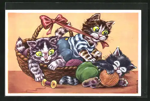 Künstler-AK Katzenkinder beim Herumtollen mit Wollknäuel in einem Körbchen