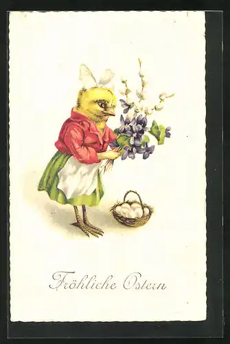AK Osterkükenfrau mit Blumen und Eierkörbchen, Fröhliche Ostern