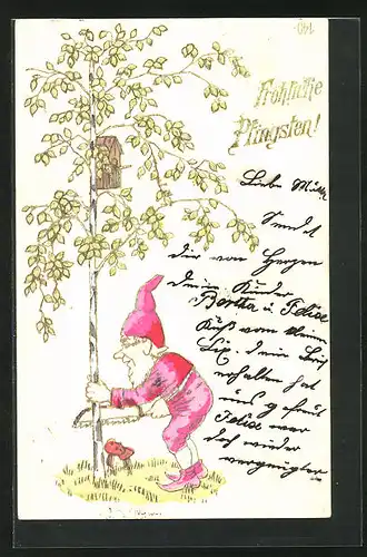 Präge-AK Zwerg sägt an einem Baum mit Vogelhäuschen