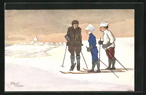 Künstler-AK sign. F. Gild: Skiläufer machen Rast am Stadtrand
