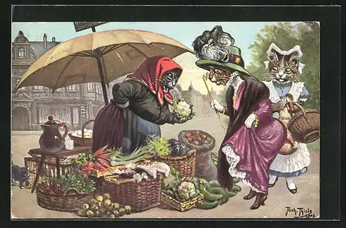Künstler-AK Arthur Thiele: Katzendame beäugt mit einer Stielbrille das Gemüse einer Händlerin
