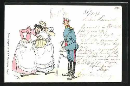 Künstler-AK Bruno Bürger & Ottillie Nr. 882: zwei Damen lächeln geschmeichelt einen Soldaten an