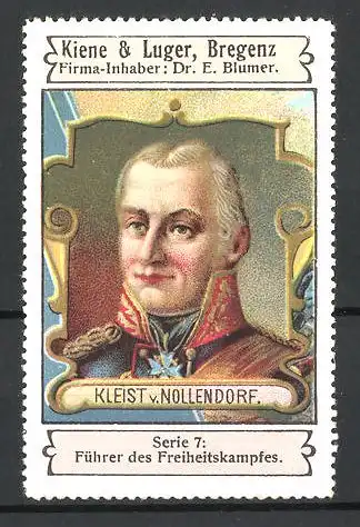Reklamemarke Serie 7: Führer des Freiheitskampfes, Portrait Kleist v. Nollendorf, Kiene & Luger, Bregenz