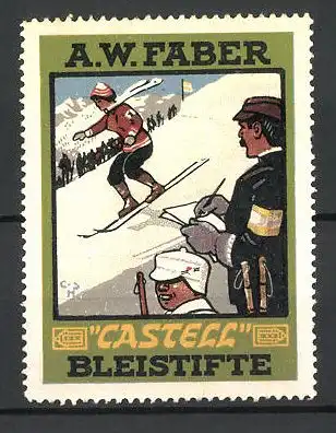 Künstler-Reklamemarke A. W. Faber Castell Bleistifte, Skiläuferin