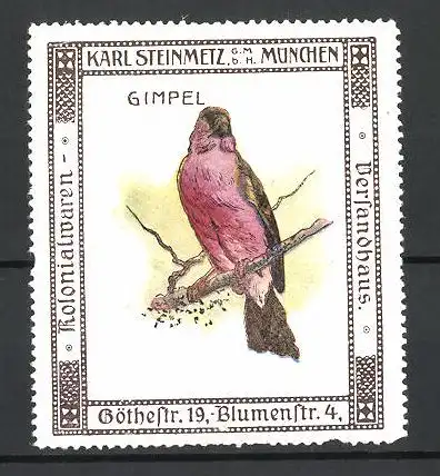 Reklamemarke Kolonialwaren Karl Steinmetz, München, Serie: Vögel, Gimpel auf einem Zweig sitzend
