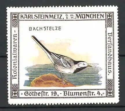 Reklamemarke Kolonialwaren Karl Steinmetz, München, Serie: Vögel, Bachstelze auf Stein am Seeufer