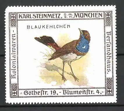 Reklamemarke Kolonialwaren Karl Steinmetz, München, Serie: Vögel, Blaukelchen auf einer Wiese