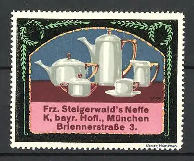 Künstler-Reklamemarke Seck, Frz. Steigerwald's Neffe, Briennerstr. 3, München, Kaffeeservice