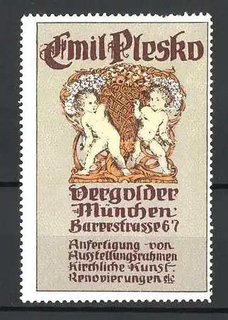 Reklamemarke Vergolder Emil Plesko, Barerstrasse 67, München, zwie nackte Buben an einem Blumenbukett