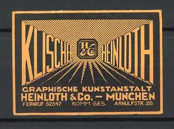 Präge-Reklamemarke Graphische Kunstanstalt Heinloth & Co., Arnulfstr. 26, München, Firmenlogo