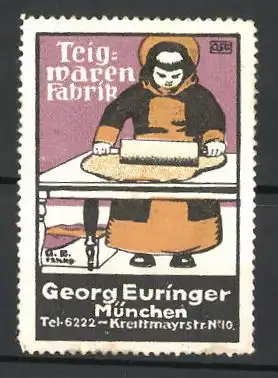 Künstler-Reklamemarke Teigwaren-Fabrik Georg Euringer, Krettmayrstr. 10, München, Münchner Kindl mit Nudelholz