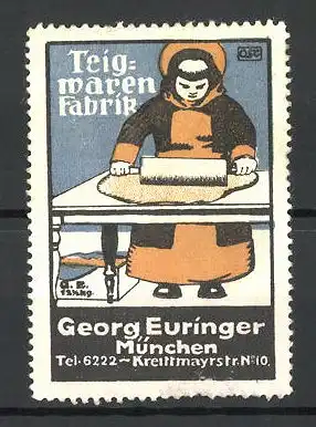 Künstler-Reklamemarke Teigwaren-Fabrik Georg Euringer, Krettmayrstr. 10, München, Münchner Kindl mit Nudelholz