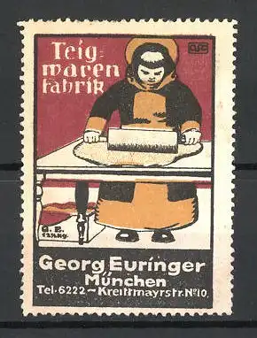 Künstler-Reklamemarke Teigwaren-Fabrik Georg Euringer, Krettmayrstr. 10, München, Münchner Kindl mit Nudelholz