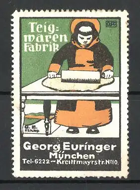 Künstler-Reklamemarke Teigwaren-Fabrik Georg Euringer, Krettmayrstr. 10, München, Münchner Kindl mit Nudelholz