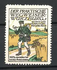 Reklamemarke Der Praktische Wegweiser Würzburg, Postbote wandert am Getreidefeld entlang