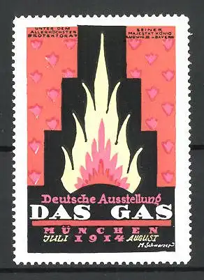 Künstler-Reklamemarke M. Schwarzer, München, Deutschen Ausstellung Das Gas 1914, lodernde Flamme