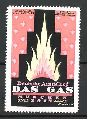 Künstler-Reklamemarke M. Schwarzer, München, Deutschen Ausstellung Das Gas 1914, lodernde Flamme