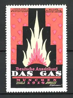 Künstler-Reklamemarke M. Schwarzer, München, Deutschen Ausstellung Das Gas 1914, lodernde Flamme