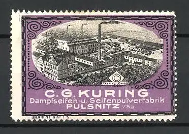 Reklamemarke Dampfseifen- und Seifenpulverfabrik C. G. Kuring, Pulsnitz, Aussenansicht des Fabrikgeländes