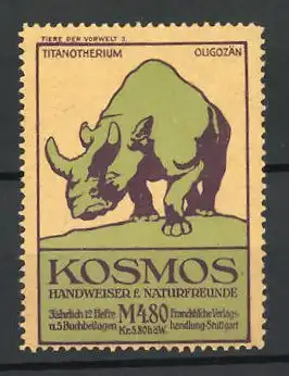 Reklamemarke Kosmos Handweiser f. Naturfreunde, Serie Tier der Vorwelt 3, Titanotherium, Oligozän, Dinosaurier